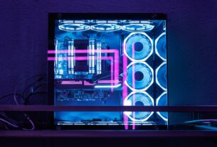 Professional gaming PC with a headset in the computer club for gamers.