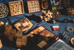 brown wooden blocks on blue textile