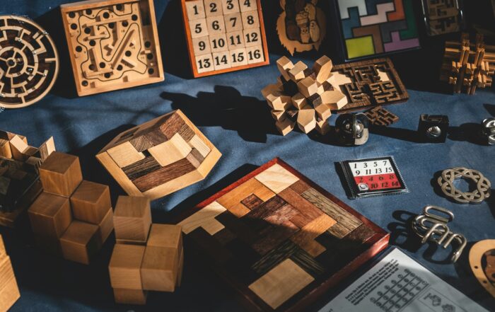 brown wooden blocks on blue textile