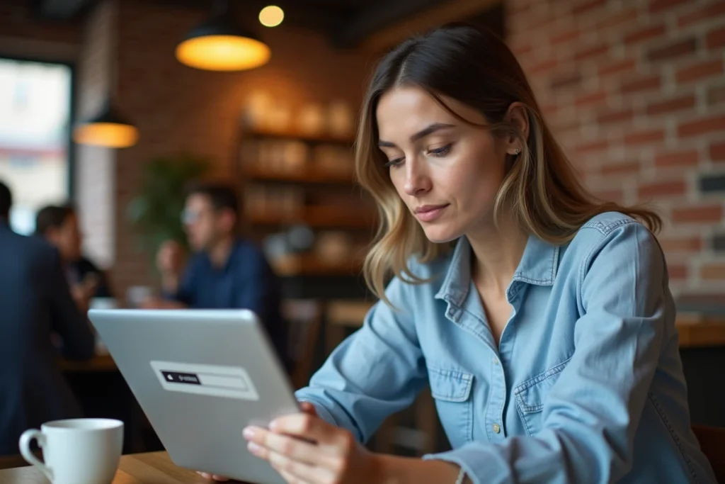 Femme utilisant un outil de conversion YouTube MP4 sur une tablette dans un café