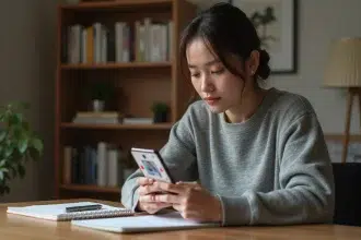 Jeune femme analysant une megastory sur son smartphone, illustrant le fonctionnement des stories enchaînées sur les réseaux sociaux