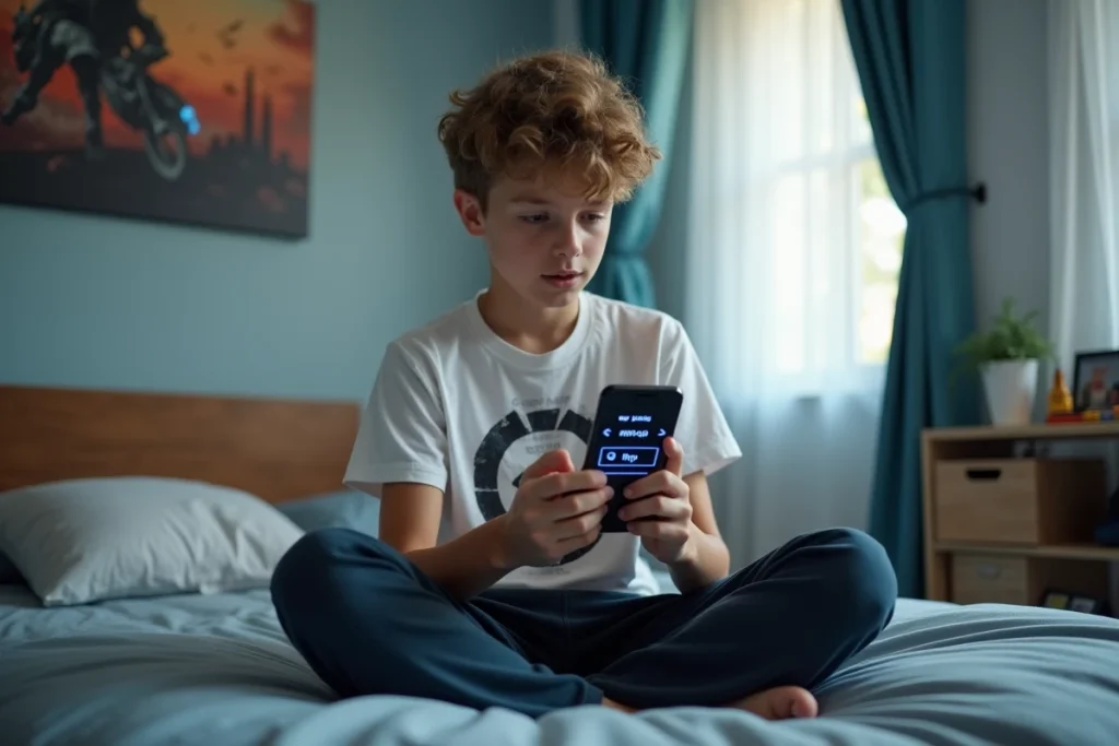 Adolescent téléchargeant une vidéo YouTube au format MP4 sur smartphone dans sa chambre