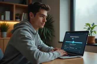 Jeune homme téléchargeant une vidéo YouTube en MP4 sur son ordinateur portable dans un bureau à domicile