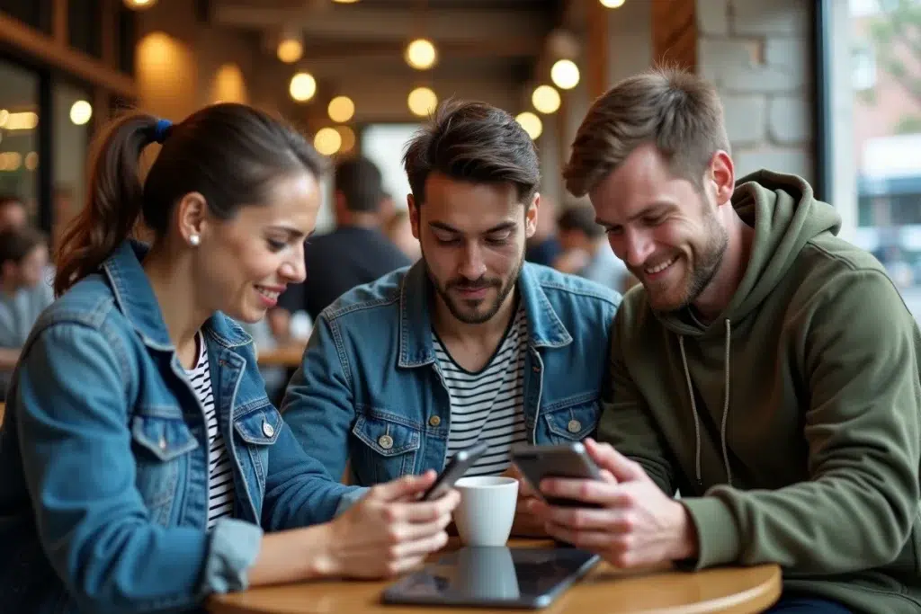 Groupe de jeunes adultes discutant des limites et des risques des megastories Snap dans un café urbain, représentant les utilisateurs confrontés aux enjeux des contenus éphémères