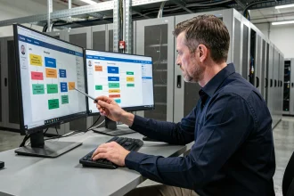 Administrateur IT comparant les solutions FSLogix et Personal vDisk sur des écrans de virtualisation dans une salle serveur moderne
