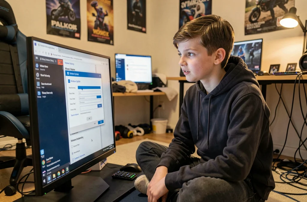Adolescent installant des pilotes et vérifiant Windows Update sur un PC gaming dans sa chambre
