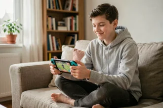 Adolescent jouant à Roblox sur Nintendo Switch en mode portable dans un salon confortable