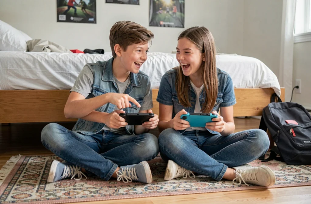 Deux adolescents jouant ensemble à Roblox sur Nintendo Switch en mode portable dans une chambre