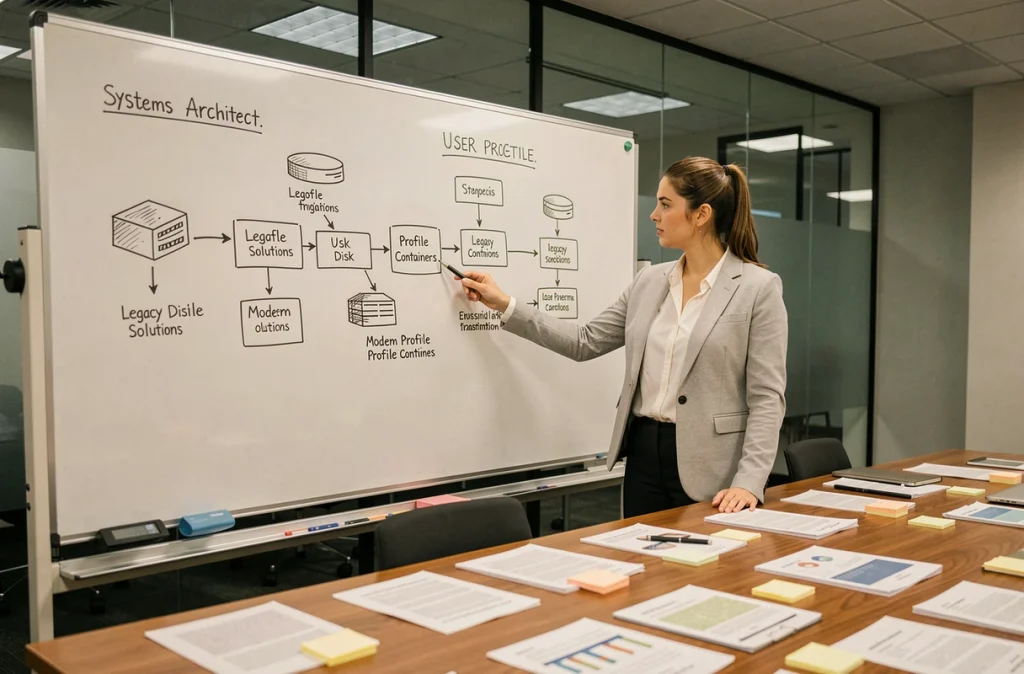 Architecte système présentant un schéma de migration de profils utilisateurs de Personal vDisk vers FSLogix dans une salle de réunion d'entreprise