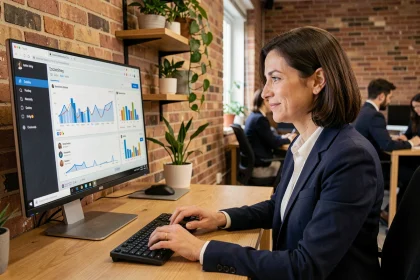 Cheffe de PME analysant des statistiques de réseaux sociaux automatisées sur un écran dans un bureau moderne