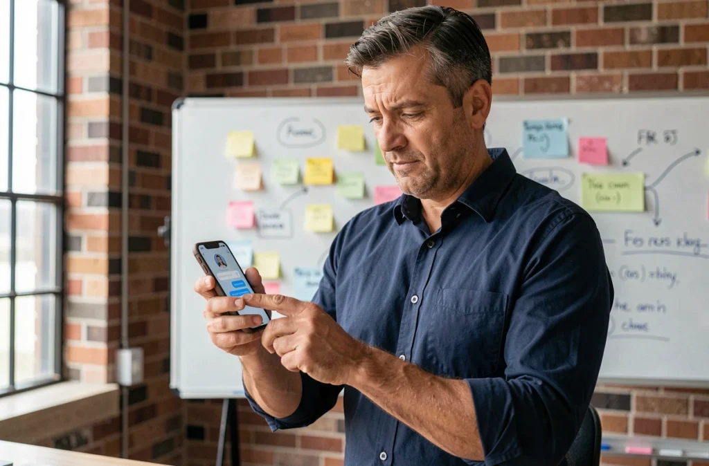 Un entrepreneur examine une interface de chatbot conversationnel sur smartphone dans un bureau de startup