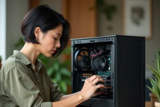 Femme examinant les composants internes d'un PC de bureau pour choisir du matériel informatique éco-responsable