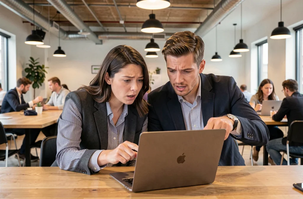 Deux collègues analysant ensemble un problème technique sur un ordinateur portable dans un espace de coworking