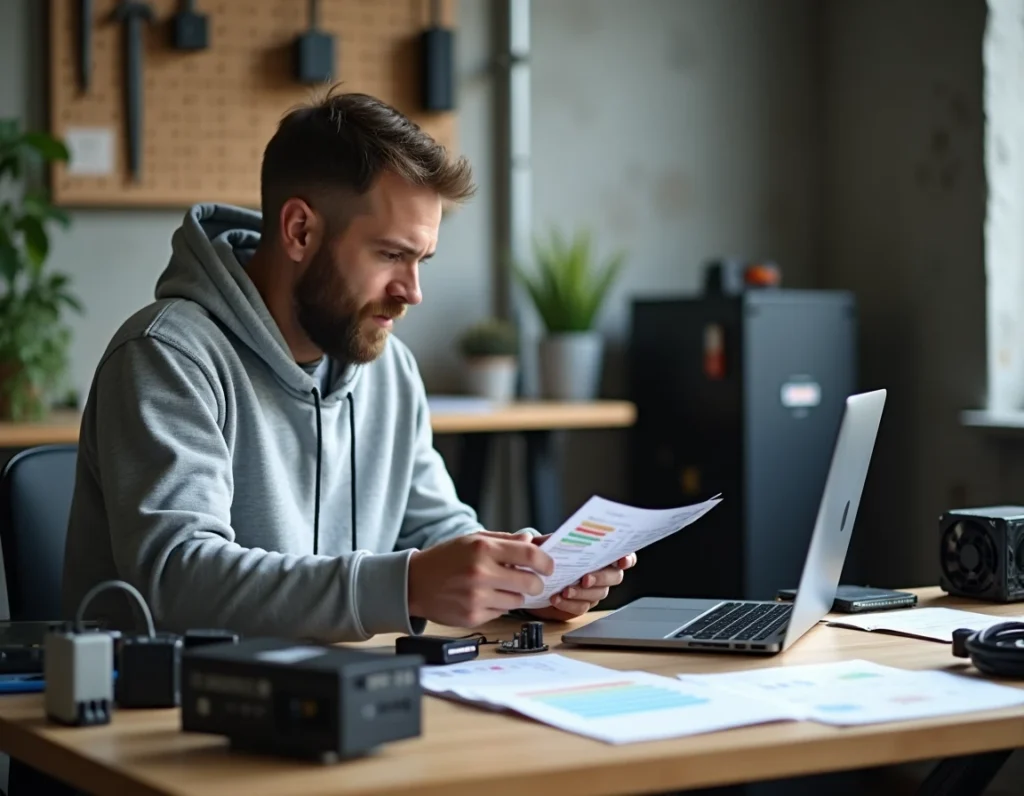 Homme comparant les performances et l'efficacité énergétique de composants PC pour un montage informatique durable