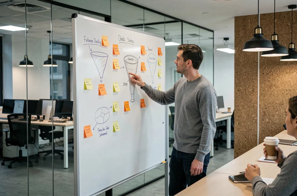 Consultant SEO présentant une stratégie de référencement naturel à une équipe de petite entreprise