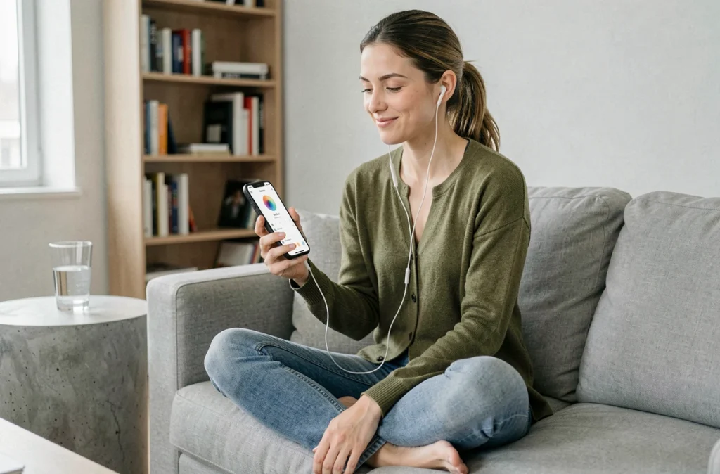 Femme utilisant une application de téléchargement de musique sur son smartphone avec des écouteurs branchés dans un salon moderne