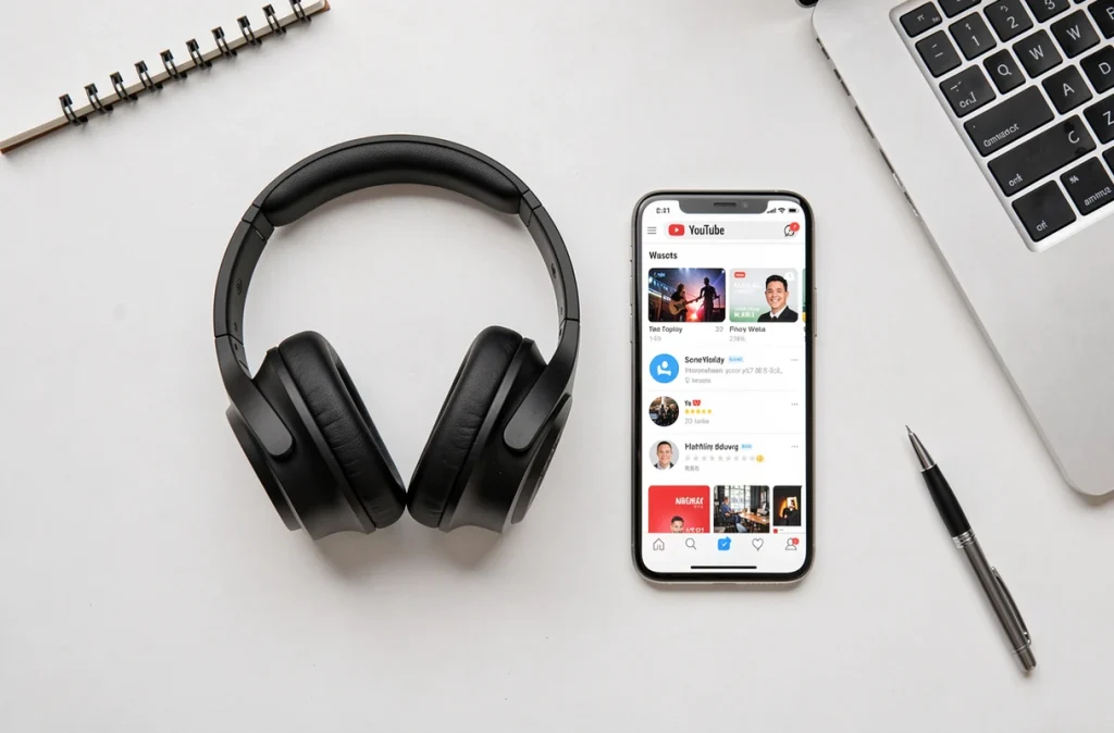Vue de dessus d'un bureau avec un casque audio, un smartphone affichant YouTube et un clavier d'ordinateur portable illustrant la conversion de musique en MP3