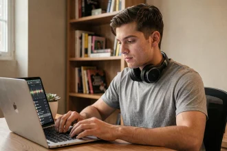 Jeune homme écoutant de la musique avec un casque audio devant un ordinateur portable affichant une interface de conversion musicale