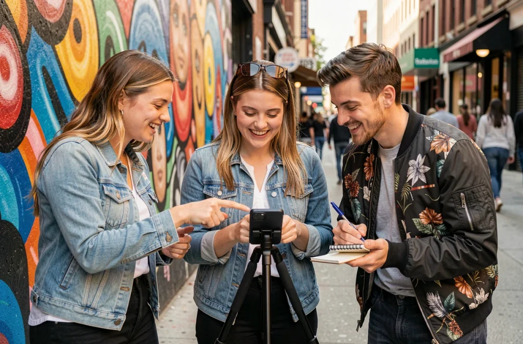 Groupe de trois créateurs de contenu collaborant sur une vidéo TikTok en extérieur urbain, illustrant les tendances du marketing d'influence et du contenu collaboratif en 2024