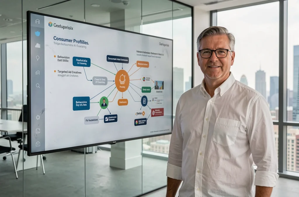 Directeur marketing présentant un workflow d'intelligence artificielle pour la personnalisation de campagnes publicitaires sur un écran interactif