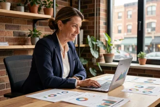 Dirigeante de PME analysant des données de référencement et de visibilité en ligne sur son bureau