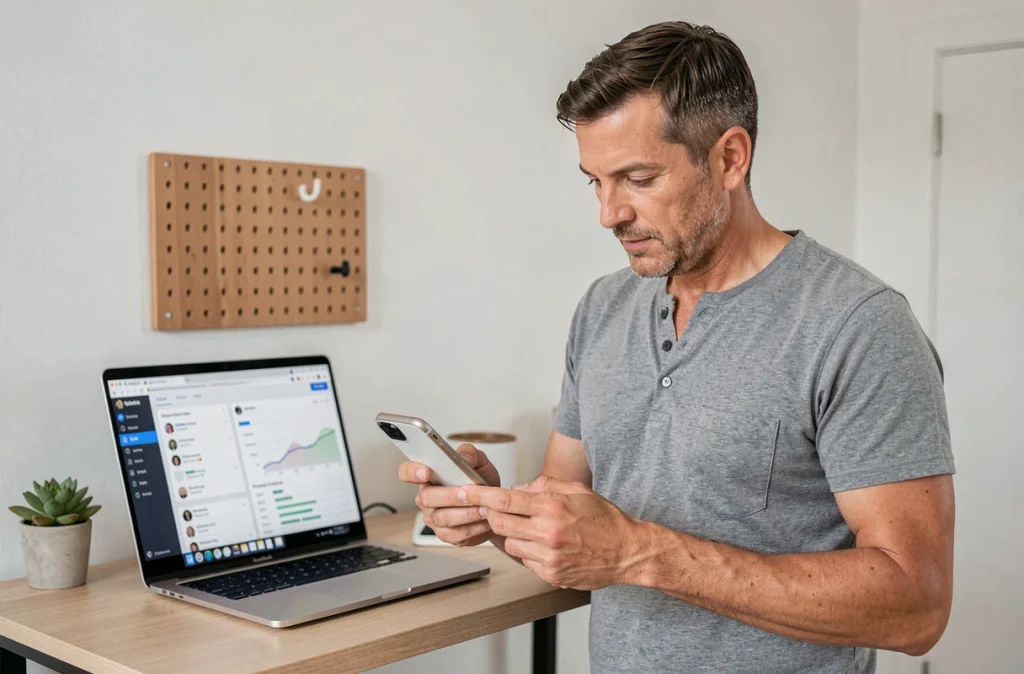 Entrepreneur en PME gérant l'automatisation de ses publications sur les réseaux sociaux depuis son bureau à domicile