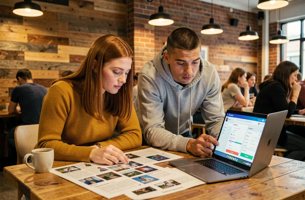 Deux jeunes professionnels collaborant sur une stratégie de publicité personnalisée par intelligence artificielle dans un espace de co-working