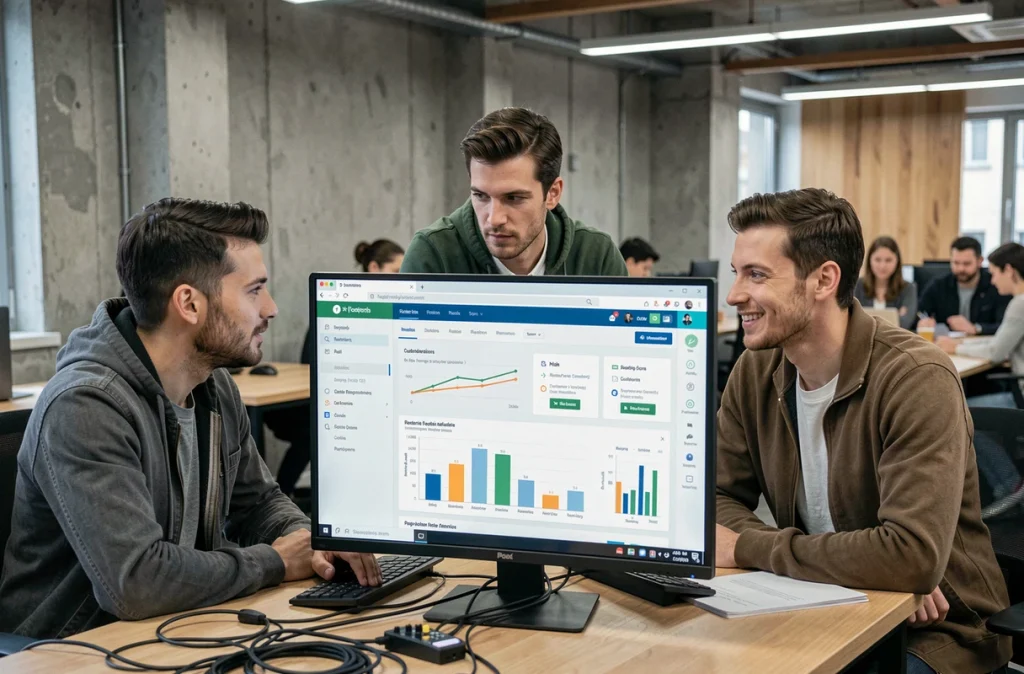 Équipe marketing analysant les statistiques d'une campagne d'emailing sur un écran dans un bureau en open space
