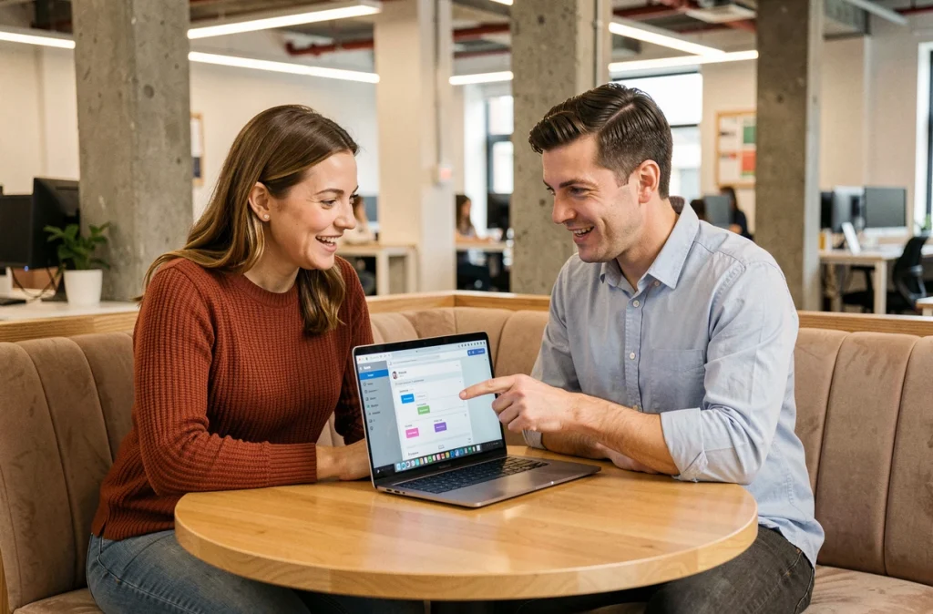 Deux collaborateurs de PME discutant d'une stratégie d'automatisation des réseaux sociaux dans un espace de co-working