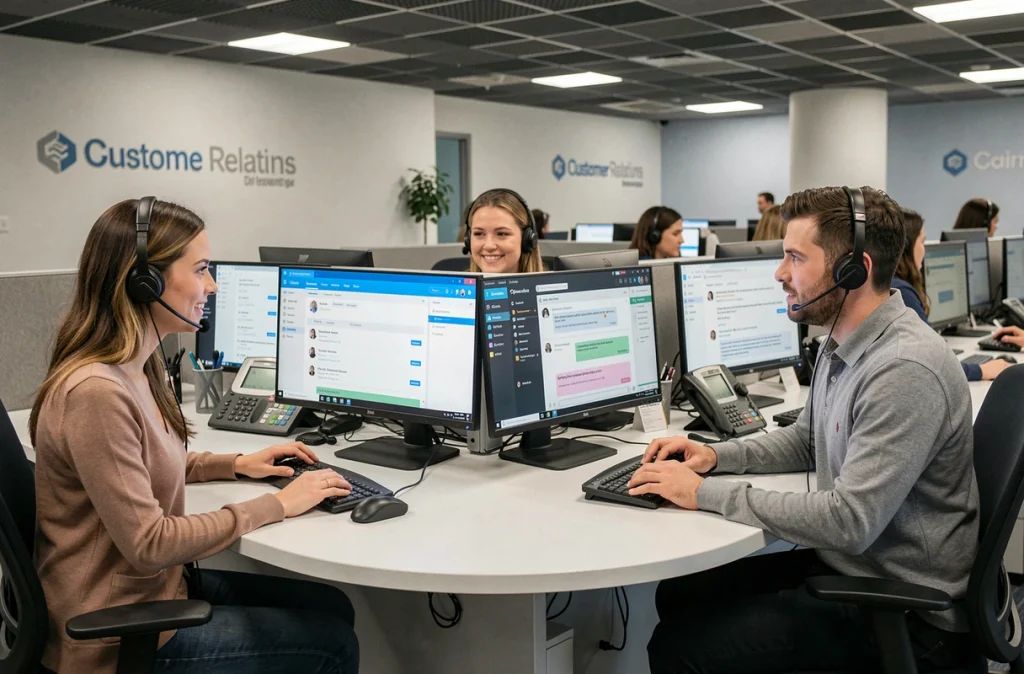 Une équipe de service client gère des conversations digitales en temps réel sur des postes de travail connectés