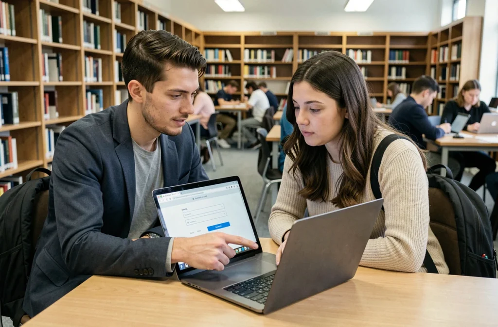 Deux étudiants consultant la procédure d'accès sécurisé au webmail de l'université de Nantes dans une bibliothèque universitaire