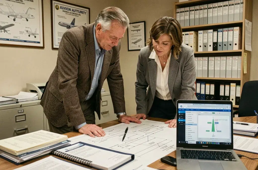Deux experts en réglementation aéronautique analysant des schémas techniques et un tableau de bord de conformité pour préparer un audit Certificate of Networthiness
