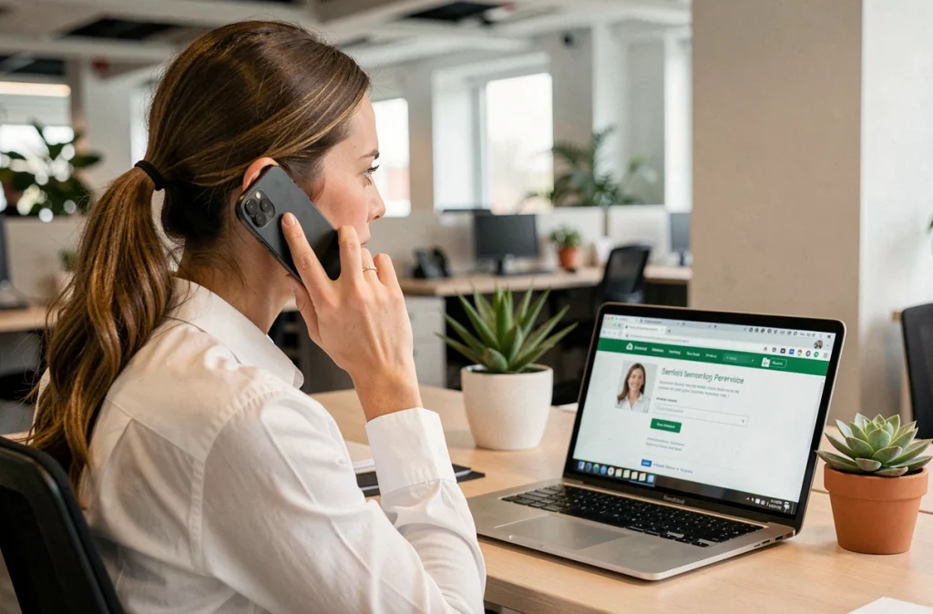 Femme professionnelle appelant le service client de RED après un problème avec l'application RED&Moi, assise à son bureau avec un ordinateur portable