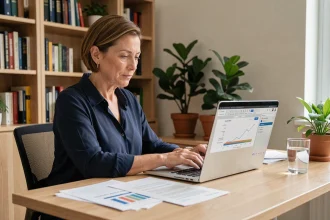 Femme professionnelle consultant son compte MyPrimobox sur un ordinateur portable dans un bureau à domicile organisé