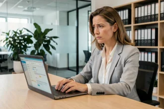 Femme professionnelle consultant sa messagerie web sur un ordinateur portable dans un bureau moderne, illustrant la transition vers un nouveau service webmail