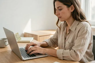 Femme tapant sur un clavier d'ordinateur portable en cherchant le raccourci pour la lettre É majuscule accent aigu