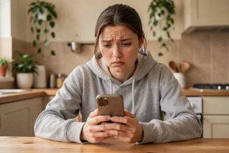 Jeune femme frustrée regardant son smartphone avec l'application RED&Moi qui ne fonctionne pas, assise dans une cuisine