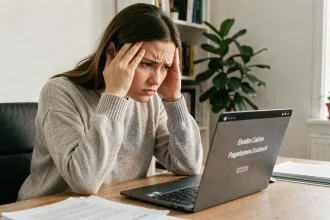 Femme frustrée devant un écran d'ordinateur affichant une erreur, illustrant les problèmes fréquents sur une plateforme en ligne