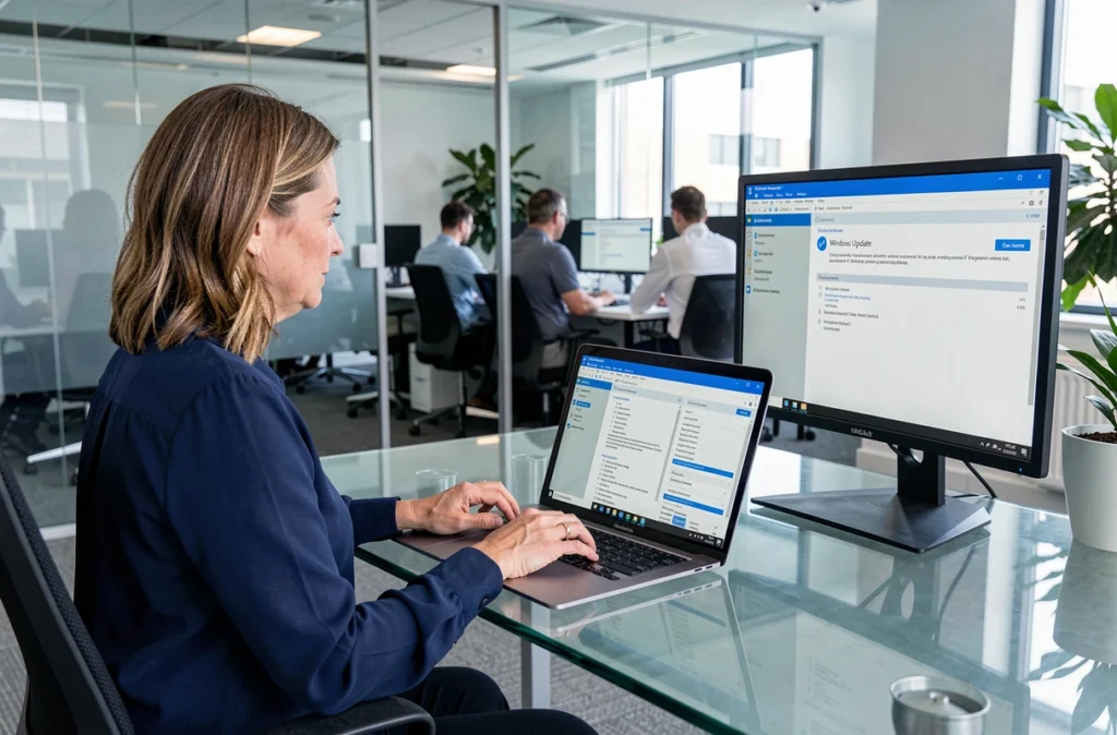 Femme en entreprise comparant le gestionnaire de périphériques Windows et Windows Update sur deux écrans