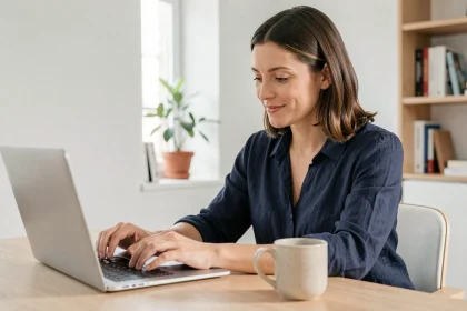 Femme consultante lisant une newsletter commerciale sur son ordinateur portable dans un bureau à domicile moderne