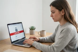 Femme consultant un PDF protégé par mot de passe sur un ordinateur portable dans un bureau minimaliste
