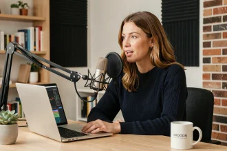 Femme podcasteuse enregistrant un épisode dans un studio maison minimaliste avec microphone professionnel et ordinateur portable ouvert