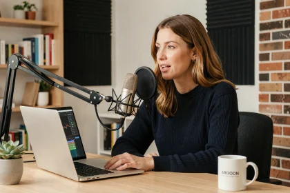 Femme podcasteuse enregistrant un épisode dans un studio maison minimaliste avec microphone professionnel et ordinateur portable ouvert