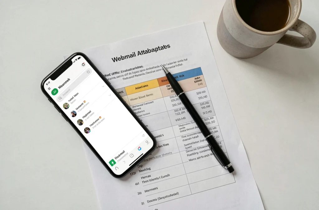 Vue de dessus d'un bureau minimaliste avec un smartphone affichant un service de webmail, un document comparatif des alternatives de messagerie et une tasse de café