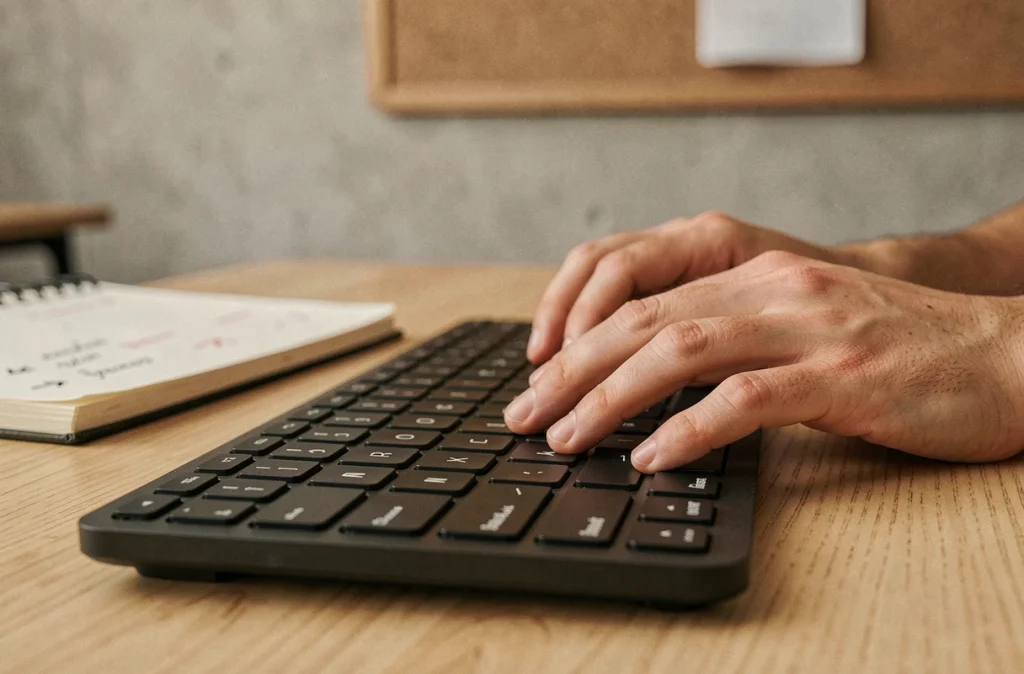 Gros plan sur les touches fléchées d'un clavier sans fil avec des mains en position de frappe de raccourcis