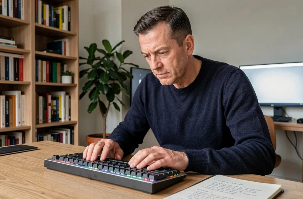 Homme examinant un clavier AZERTY pour trouver comment taper le É majuscule avec accent aigu