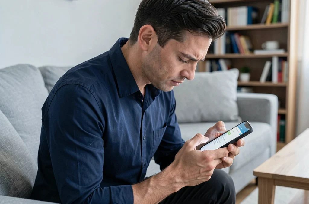Homme consultant les paramètres de son téléphone pour résoudre un problème avec l'application RED&Moi dans un salon moderne