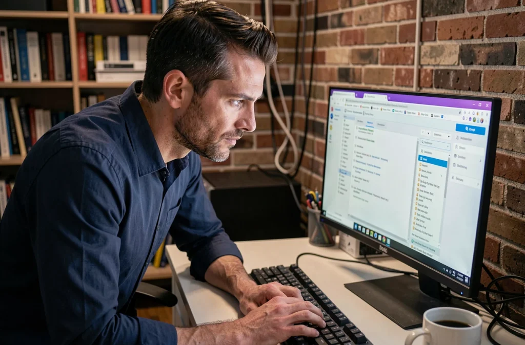 Homme concentré résolvant un problème technique sur son ordinateur de bureau avec plusieurs onglets ouverts