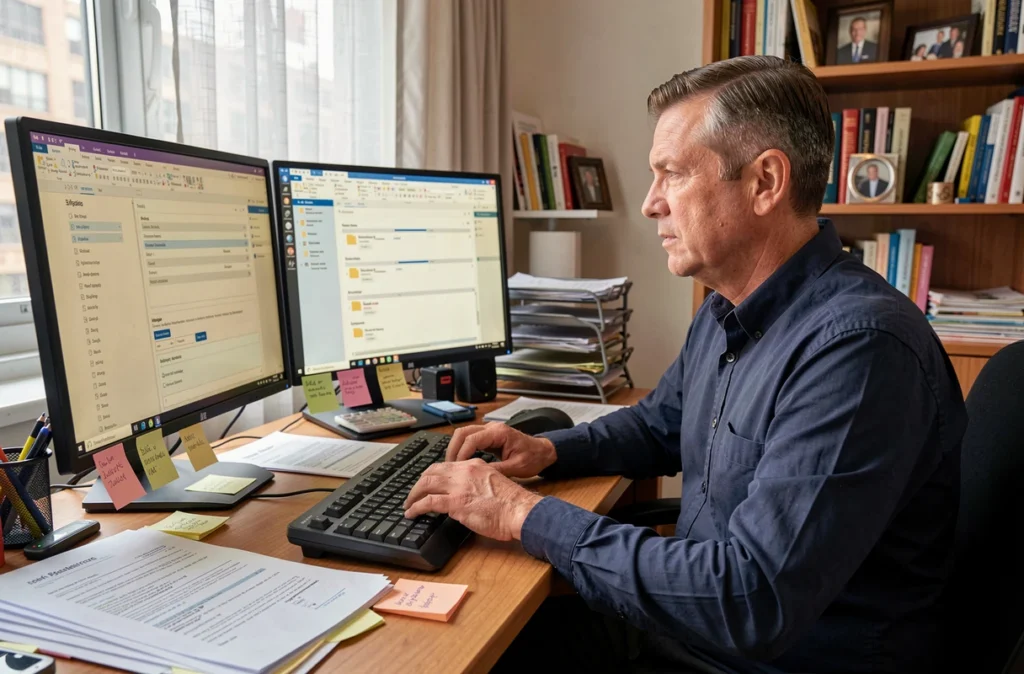 Homme travaillant depuis son bureau à domicile sur la migration de messagerie électronique, avec deux écrans affichant des paramètres de webmail et des dossiers d'emails