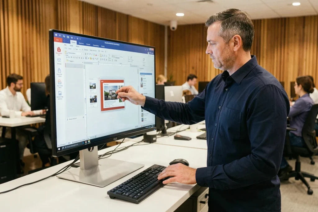 Homme insérant une image dans un fichier PDF protégé via un logiciel d'édition sur grand écran en open space